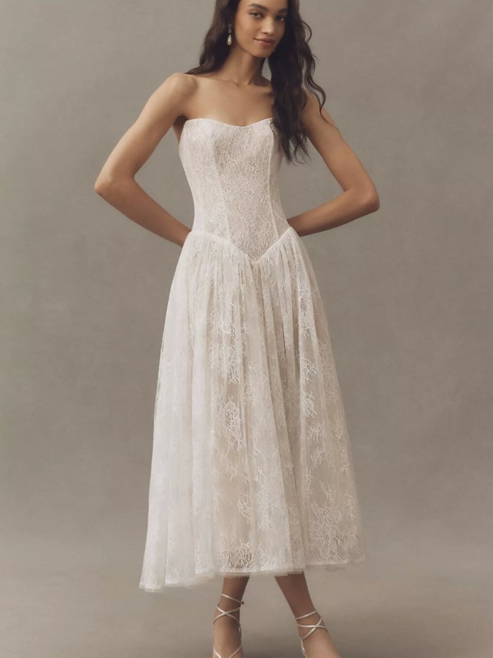 Anthropologie Watters Serge Strapless Basque-Waist Lace Midi Dress